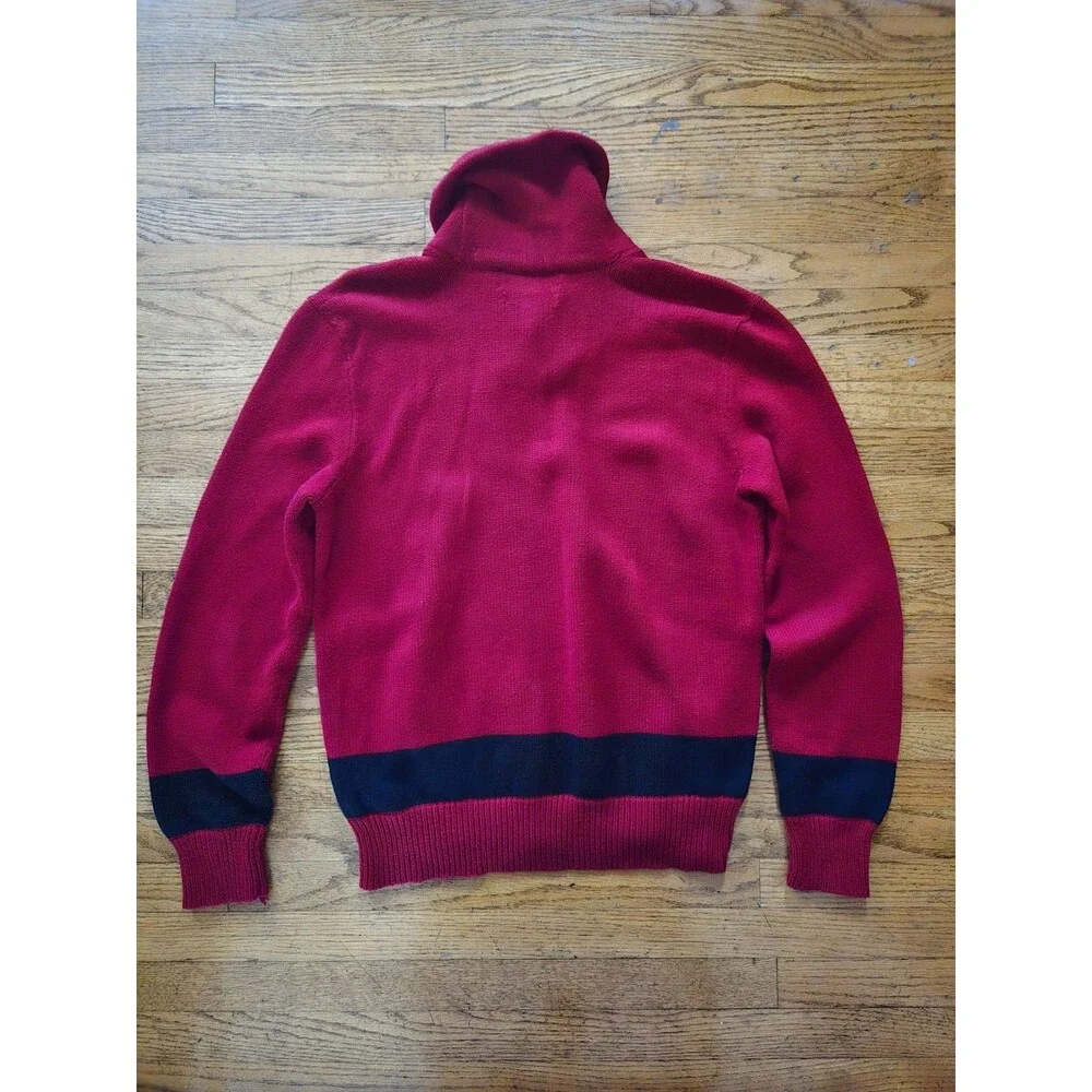 Polo Ralph Lauren Men's Shawl Collar Sweater Red Navy Striped Cotton Size Medium